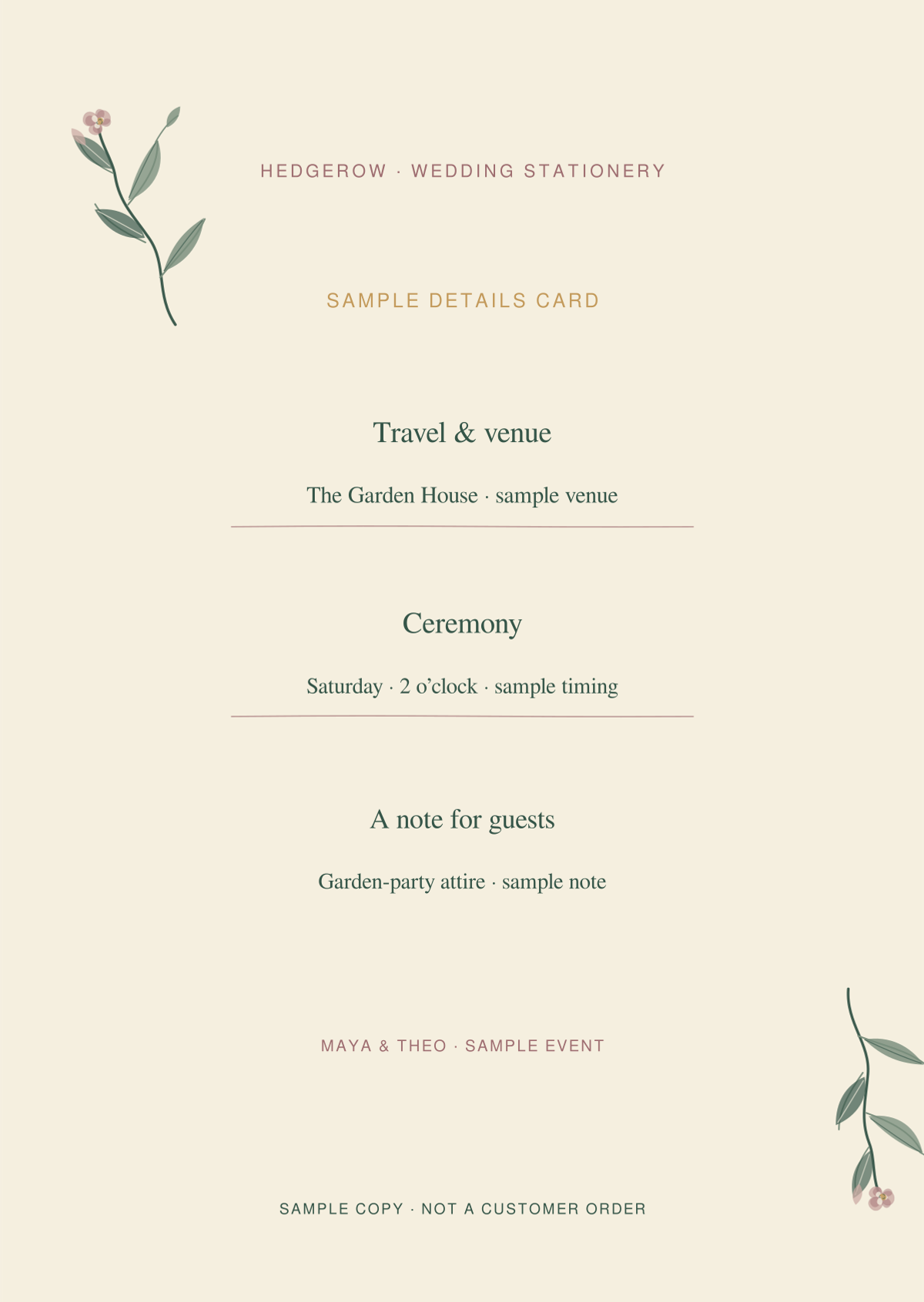 Hedgerow Details card artwork preview with clearly marked sample wording.