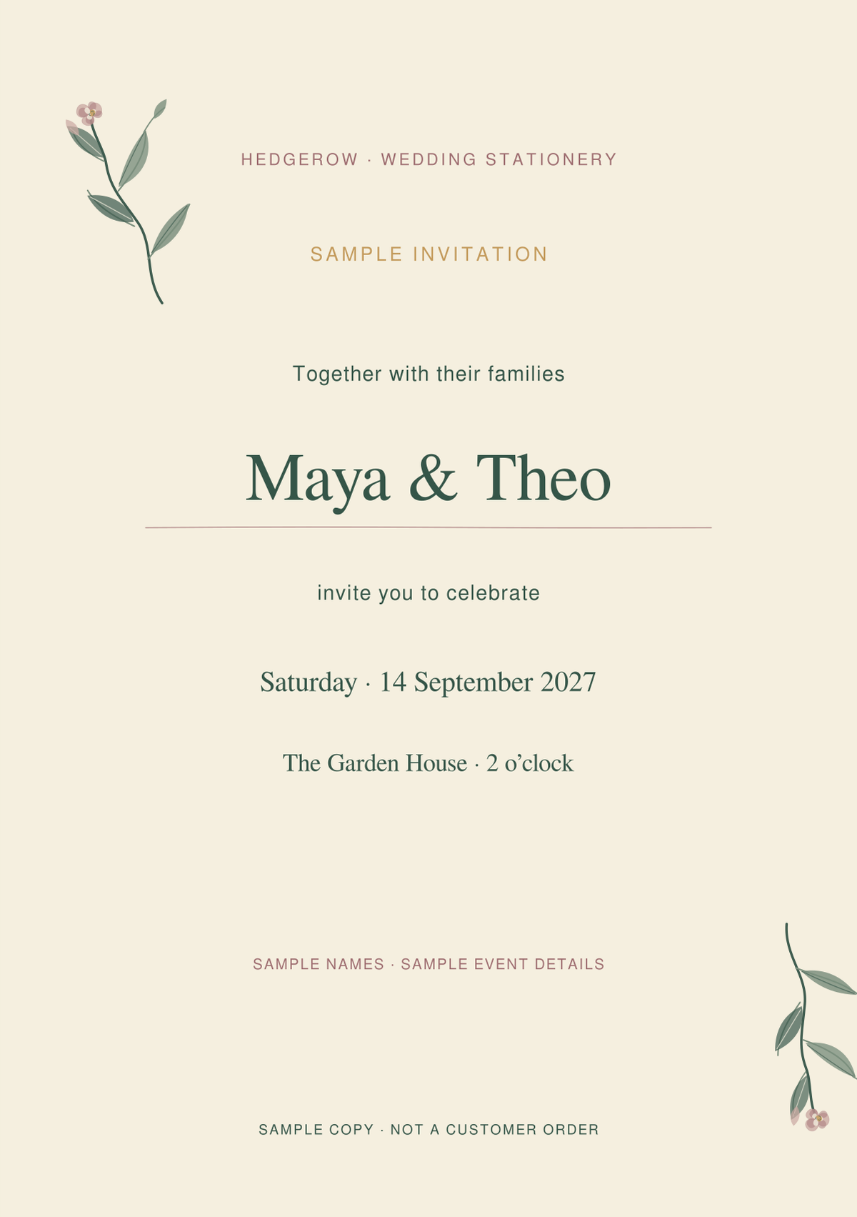 Hedgerow Invitation artwork preview with clearly marked sample wording.