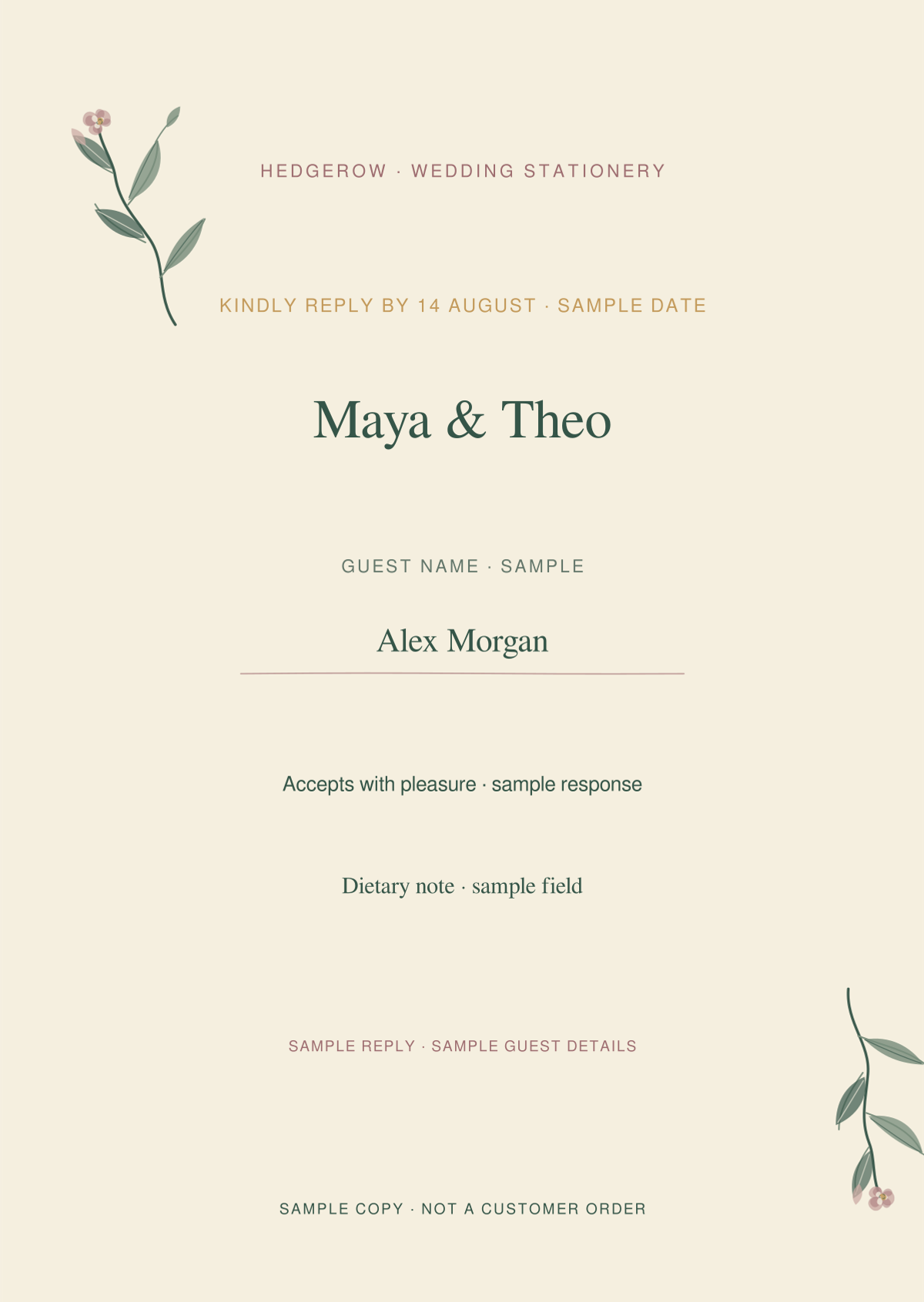 Hedgerow RSVP card artwork preview with clearly marked sample wording.