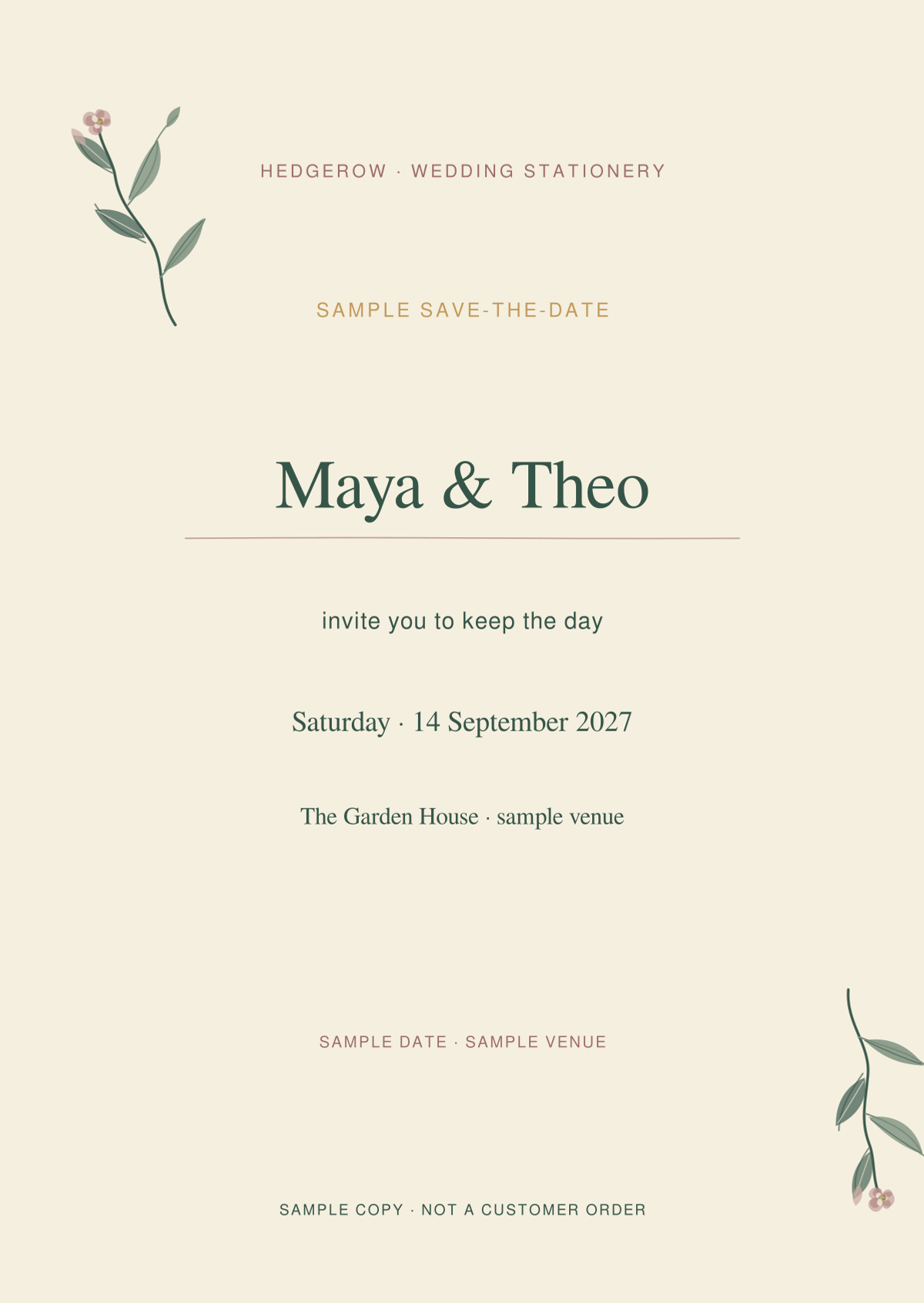 Hedgerow Save the date artwork preview with clearly marked sample wording.