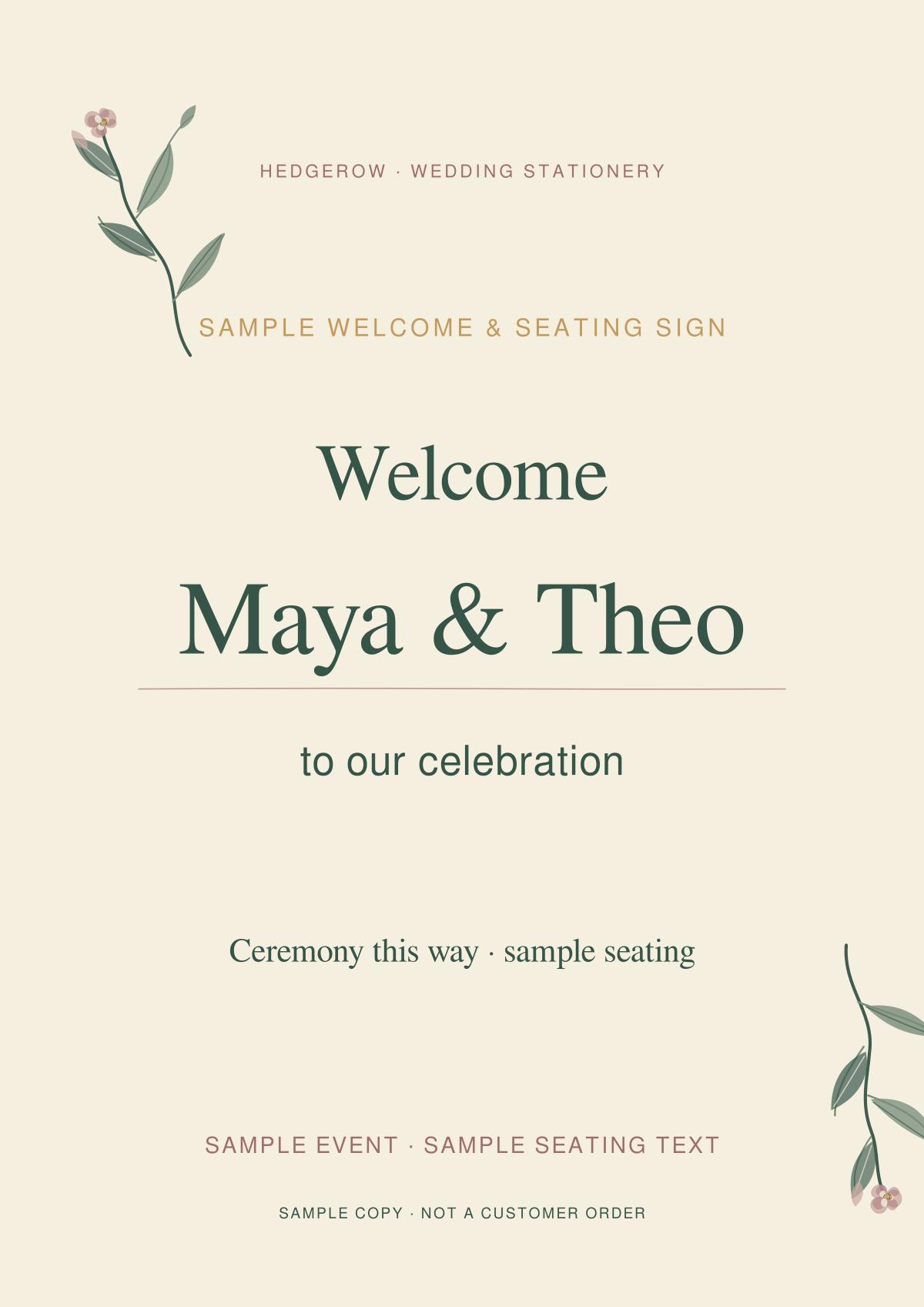 Hedgerow Welcome & seating sign artwork preview with clearly marked sample wording.