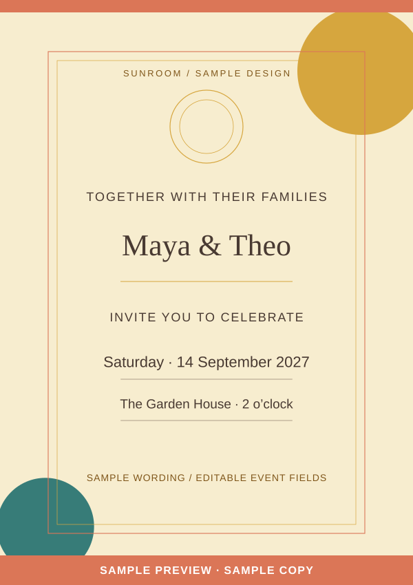 Sunroom Invitation artwork preview with clearly marked sample wording.