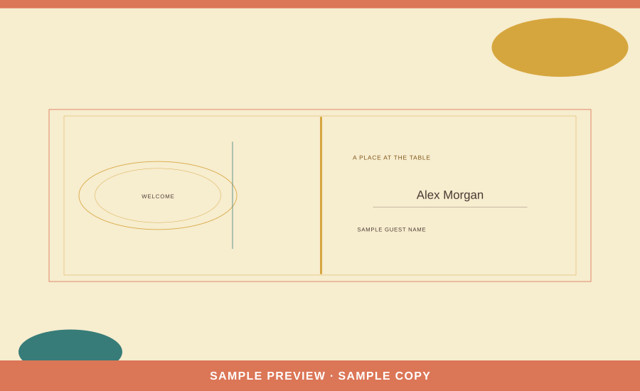 Sunroom Place card artwork preview with clearly marked sample wording.