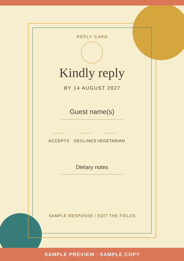 Sunroom RSVP card artwork preview with clearly marked sample wording.