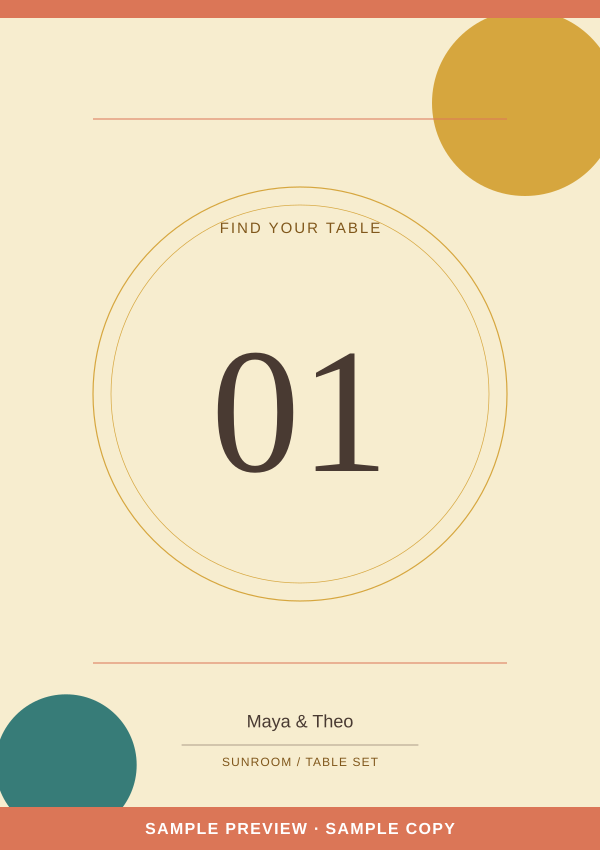 Sunroom Table number artwork preview with clearly marked sample wording.