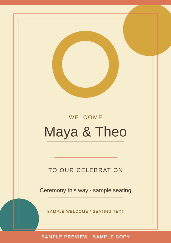 Sunroom Welcome & seating sign artwork preview with clearly marked sample wording.