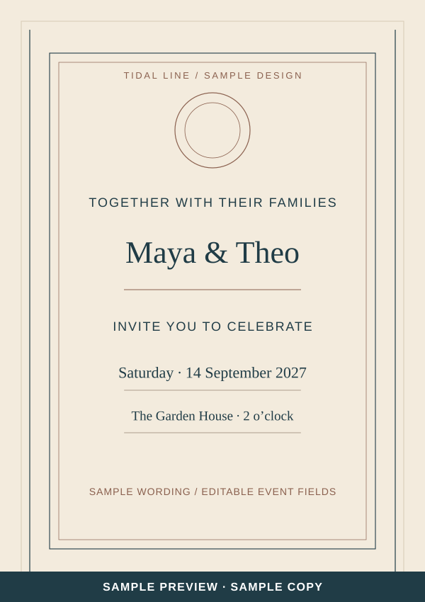 Tidal Line Invitation artwork preview with clearly marked sample wording.